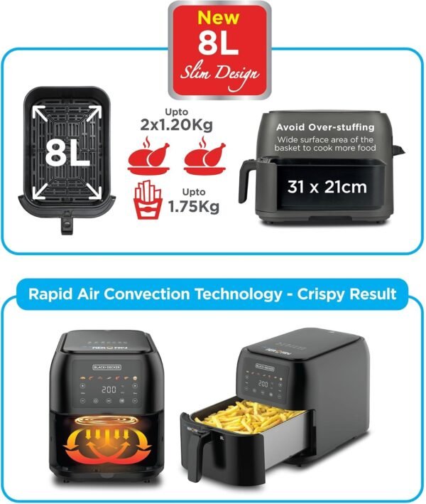 BLACK+DECKER Digital Air Fryer, 1700W, 8 Litres Family-Sized Capacity, 7 Preset Functions, Rapid Air Convection for Healthy Frying, Adjustable Temperature 80-200°C, Easy Clean, Black - SAF80-B5 Buy Online at Best Price in UAE - Amazon.ae - Image 23