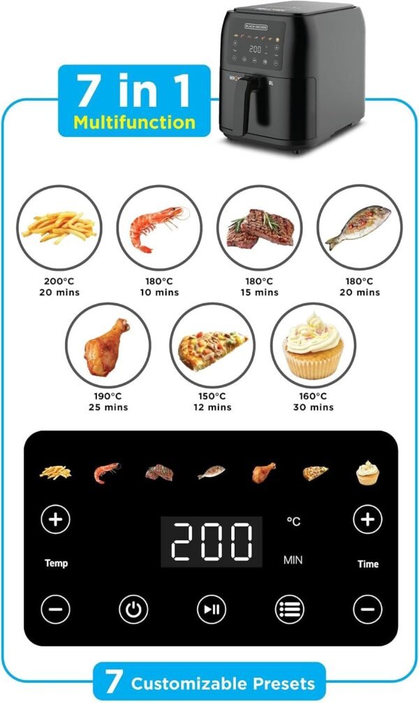 BLACK+DECKER Digital Air Fryer, 1700W, 8 Litres Family-Sized Capacity, 7 Preset Functions, Rapid Air Convection for Healthy Frying, Adjustable Temperature 80-200°C, Easy Clean, Black - SAF80-B5 Buy Online at Best Price in UAE - Amazon.ae - Image 24