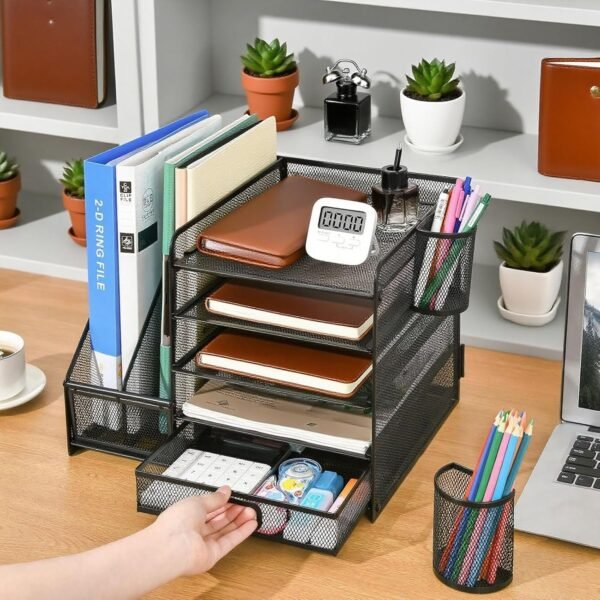 TCCHDM Desk Organizer with File Holder, Mesh Desktop Organizer and Storage with Magazine Holder for Office Supplies,5-Tier Paper Letter Tray Organizer with Drawer and 2 Pen Holder,  Amazon.ae: Office Products - Image 8