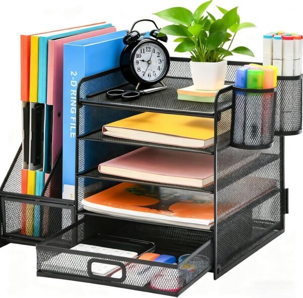 TCCHDM Desk Organizer with File Holder, Mesh Desktop Organizer and Storage with Magazine Holder for Office Supplies,5-Tier Paper Letter Tray Organizer with Drawer and 2 Pen Holder,  Amazon.ae: Office Products - Image 7